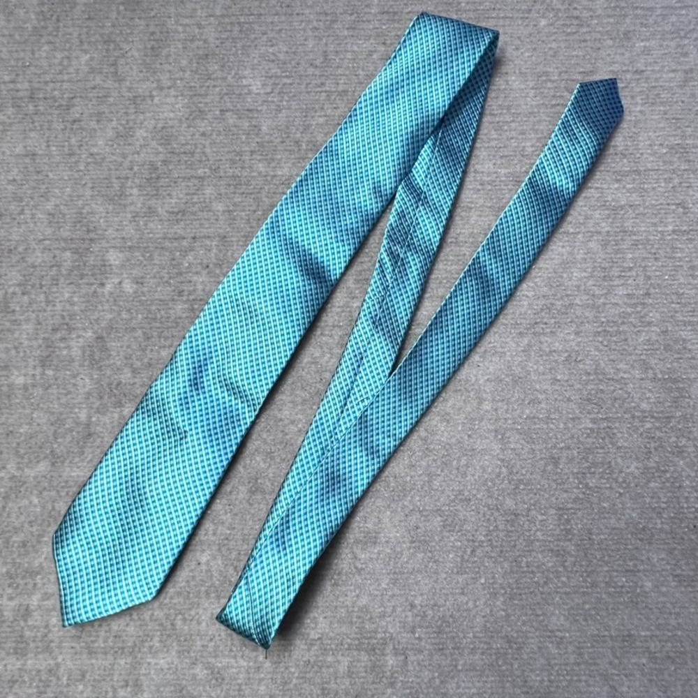 BILL BLASS Silk‎ Tie Aqua Blue Gingham Check Mens Necktie Career Formal